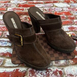 Via Spiga Brown suede slide clog with bronze buck and large tread sole